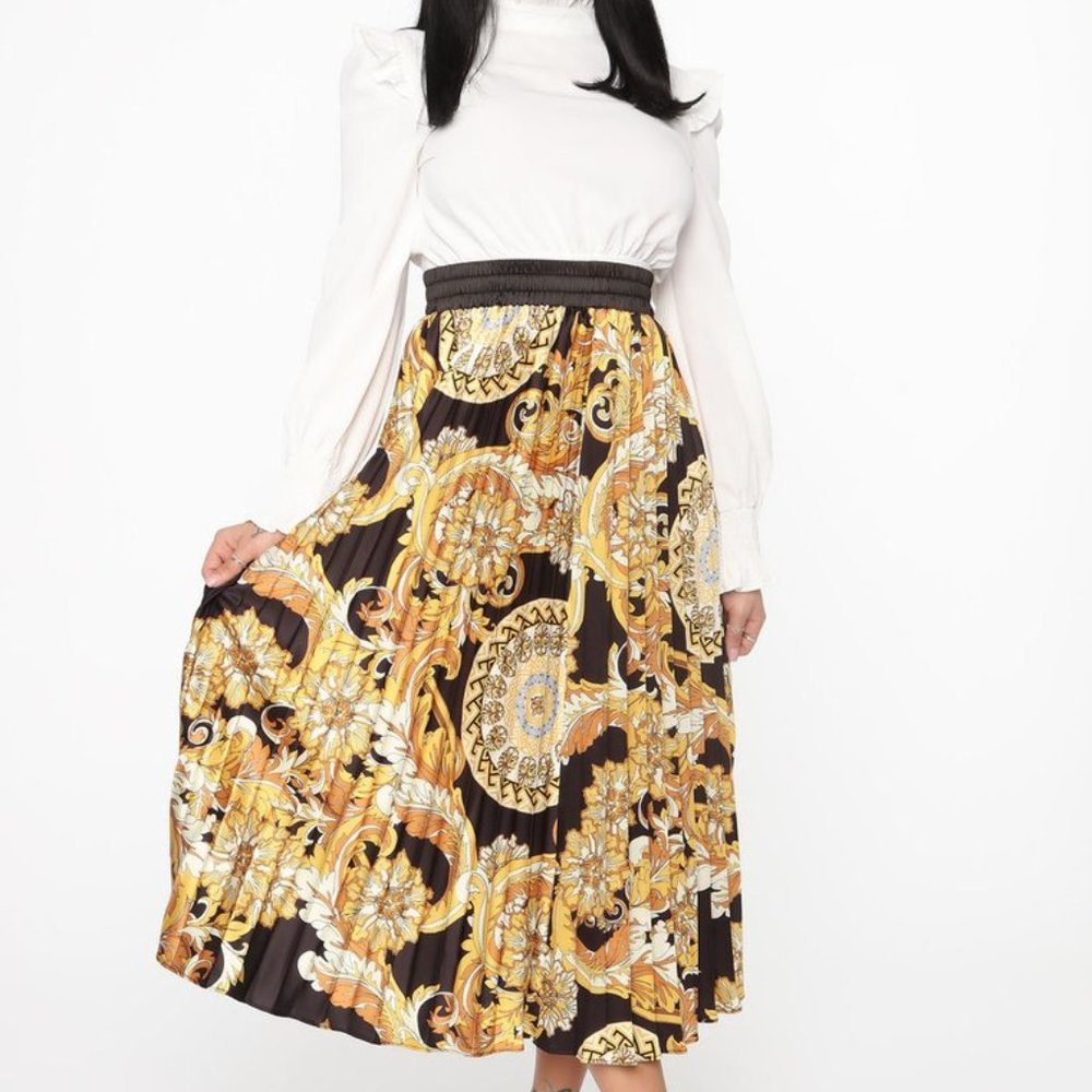 Fashion Nova Black & Gold Baroque Print Pleated Midi Skirt Size L